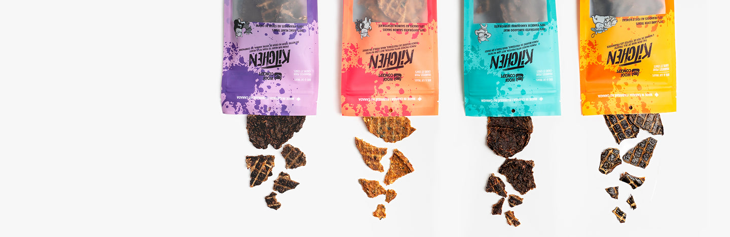 Single Ingredient Dog Treats made in Canada from Woof Concept. Treats including Wild Pacific Salmon, Kangaroo Meat, Goat Heart and Lamb Liver. 