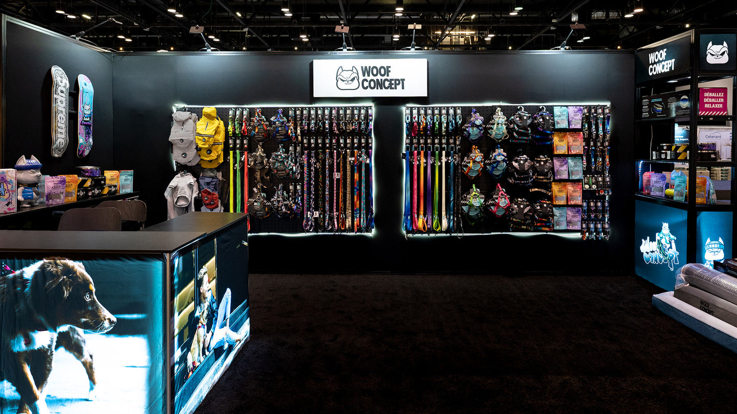 Premium pet products on display at a local pet store, available for wholesale partnership. High-quality collars, leashes, and accessories for retailers looking to elevate their pet collection.