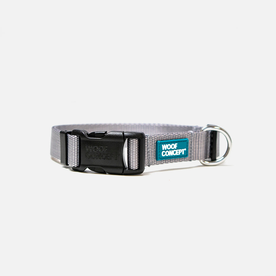 Woof Concept grey dog collar made in Canada, featuring durable material and a sleek design, perfect for Canadian pet owners.