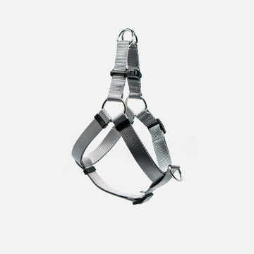 Woof Concept grey step-in dog harness made in Canada, designed for comfort and easy attachment to dog collars, perfect for pet owners.